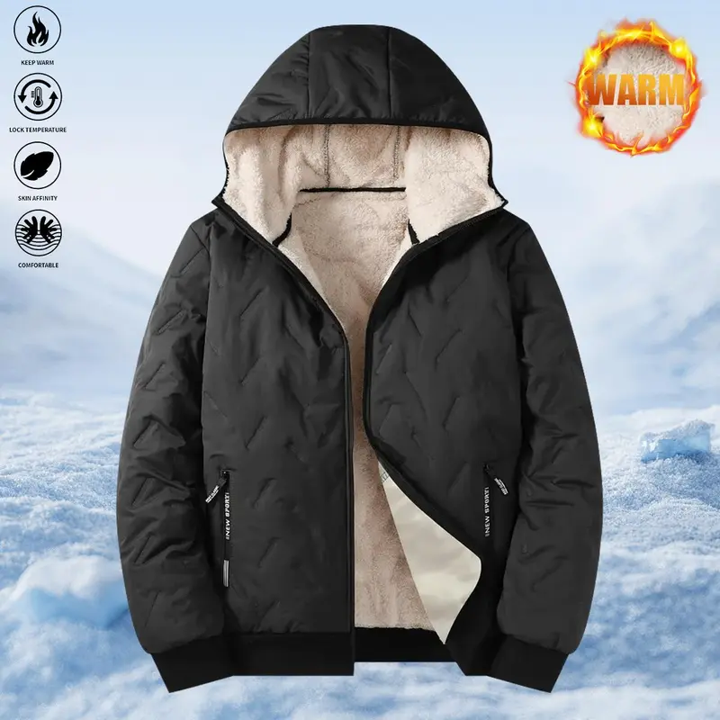 Men’s fashionable long-sleeve winter outerwear – quilted design with a thick plush lining for warmth, windproof protection, skin-friendly casual jacket featuring a full zipper, zippered pockets, and ribbed cuffs—ideal for daily commuting and outings.
