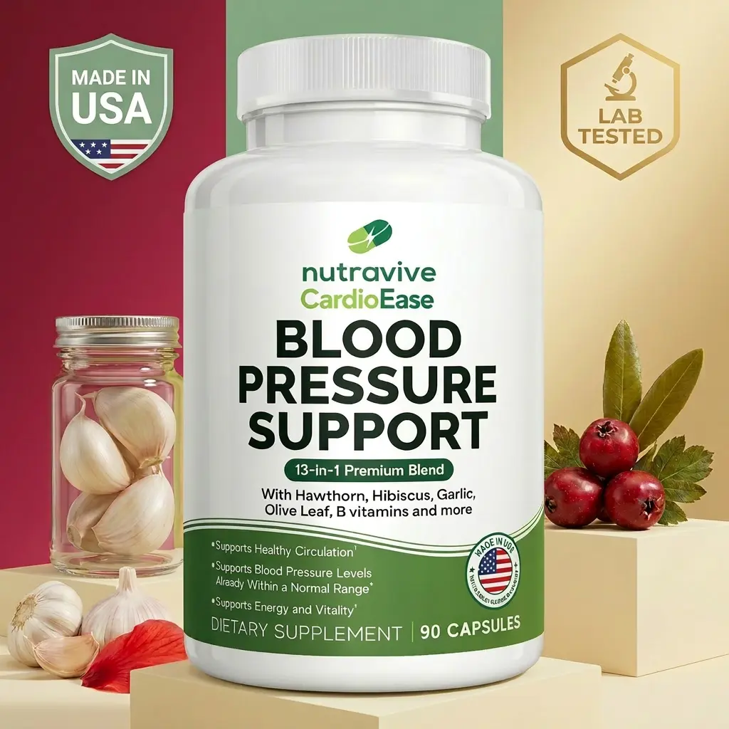 Nutravive 13-in-1 Premium Blood Pressure & Heart Health Support Dietary Capsules - Natural Supplements with Hawthorn, Garlic, Olive Leaf, Hibiscus, B12, USA-Made GMP, 90-Count Lactose-Free Vegetarian Antioxidant Supplements (3-Month Supply)