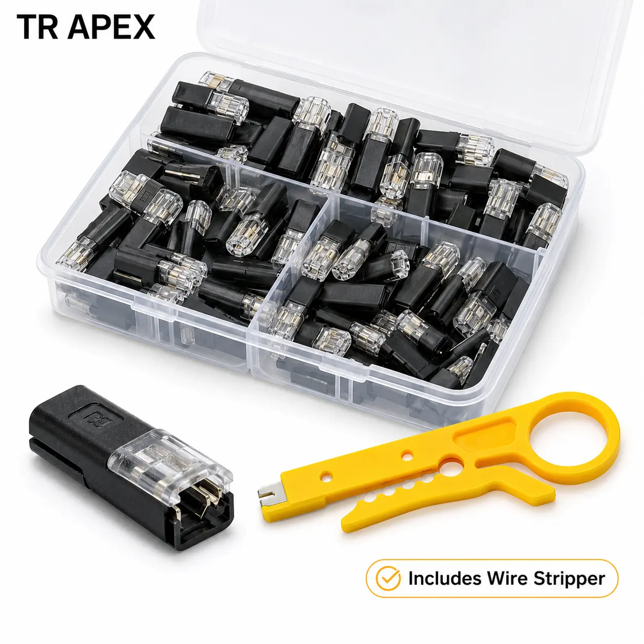TR APEX 50PCS Quick Splice Wire Connectors with Bonus Wire Stripper, 2 Pin Low Voltage Fast Connect Plugs for LED Strip Lights, Car Wiring, Power Distribution & DIY Repairs