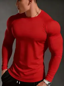 Men's Fitted Long Sleeve Tight Fit Shirt, Pure Color Minimalist Design, Modern Sporty Style, High Stretch Breathable Fabric