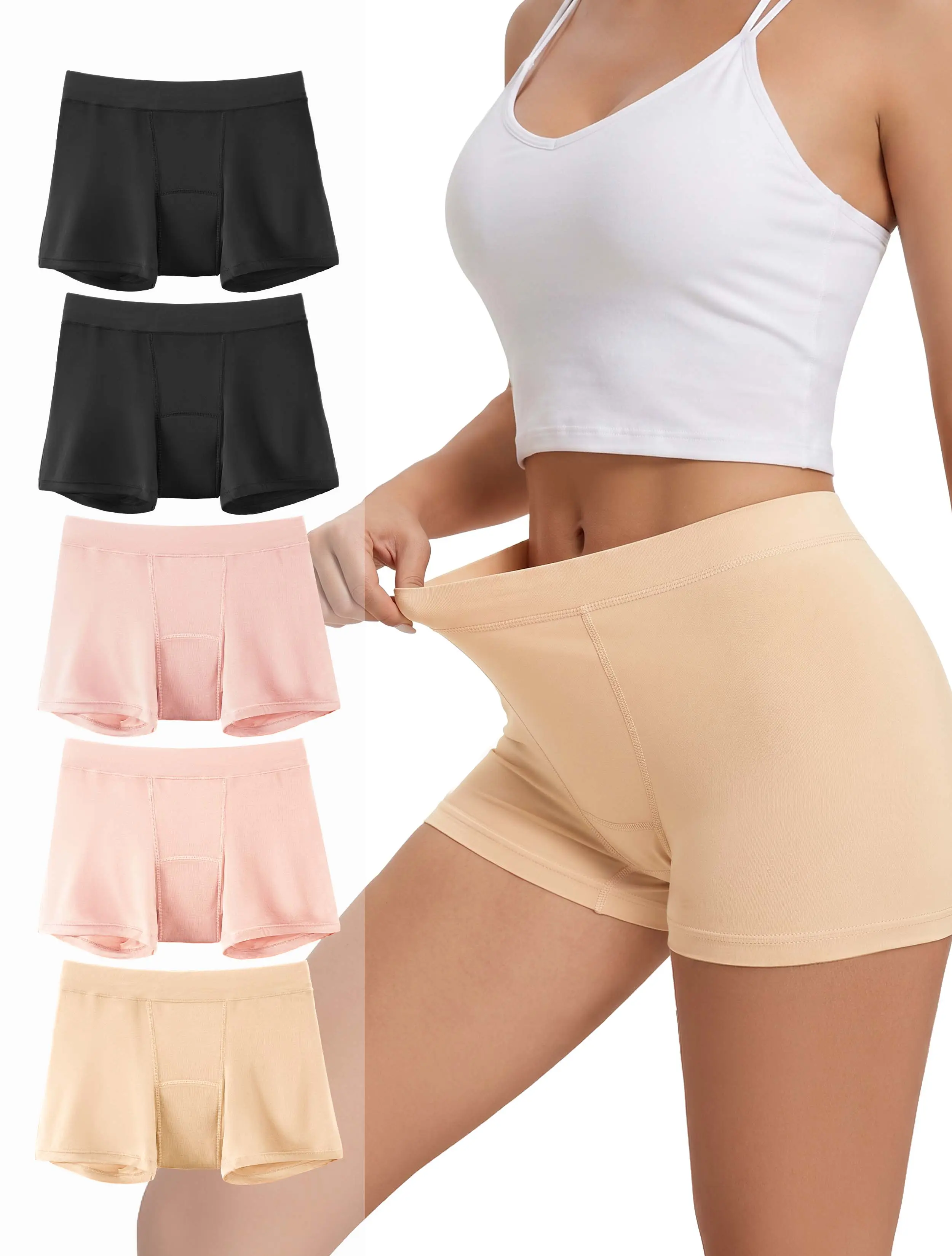 TIICHOO Women's Reusable Loose Rayon Basic Leg Incontinence Underwear, Washable Leak-Proof Bladder Protective Boyshorts, 5 Pack, Breathable, Day, Soft