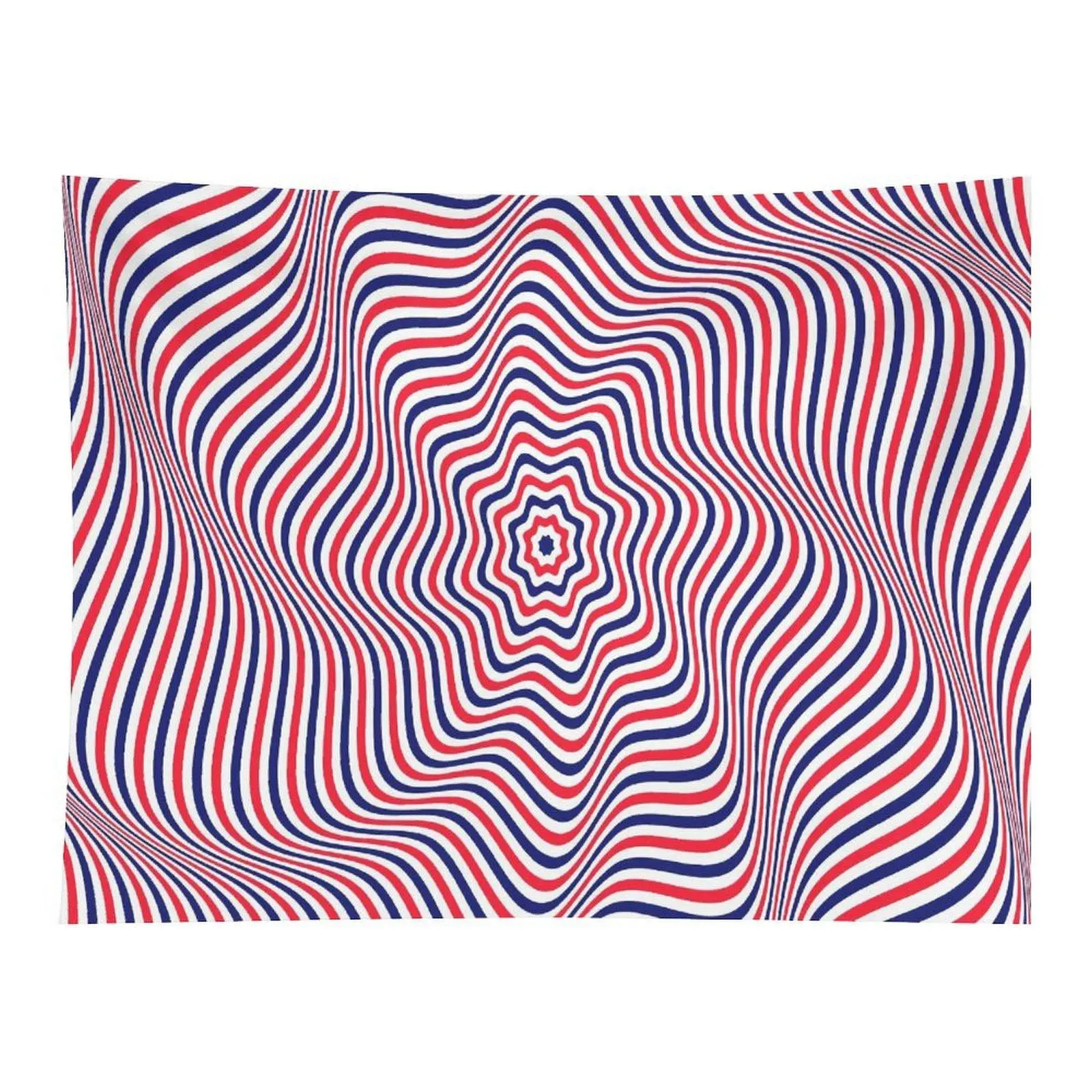 Red White Blue Wavy Striped Optical Illusion Wall Tapestry, Psychedelic Swirl Geometric Pattern, Indoors Aesthetic Room Dorm Decoration Background Wall Art
