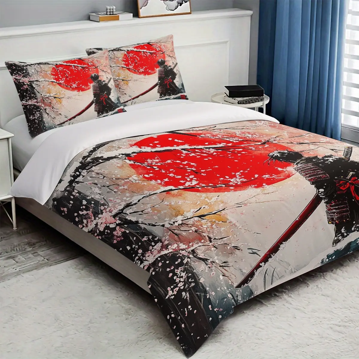 Three-Piece Sakura Samurai Decorative Bedding Set, Includes One Fitted Sheet and Two Pillowcases, 100% Polyester, Bedroom and Guest Room Use, Decorative Bedsheet Sets
