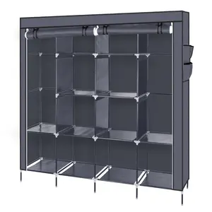 【Mother'sDaygift】Karlhome 67" Clothes Closet Portable Wardrobe Clothes Storage Rack 12 Shelves 4 Side Pockets Gray