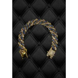 Blue & White Studded Cuban Link Gold Chain - Item #: 002