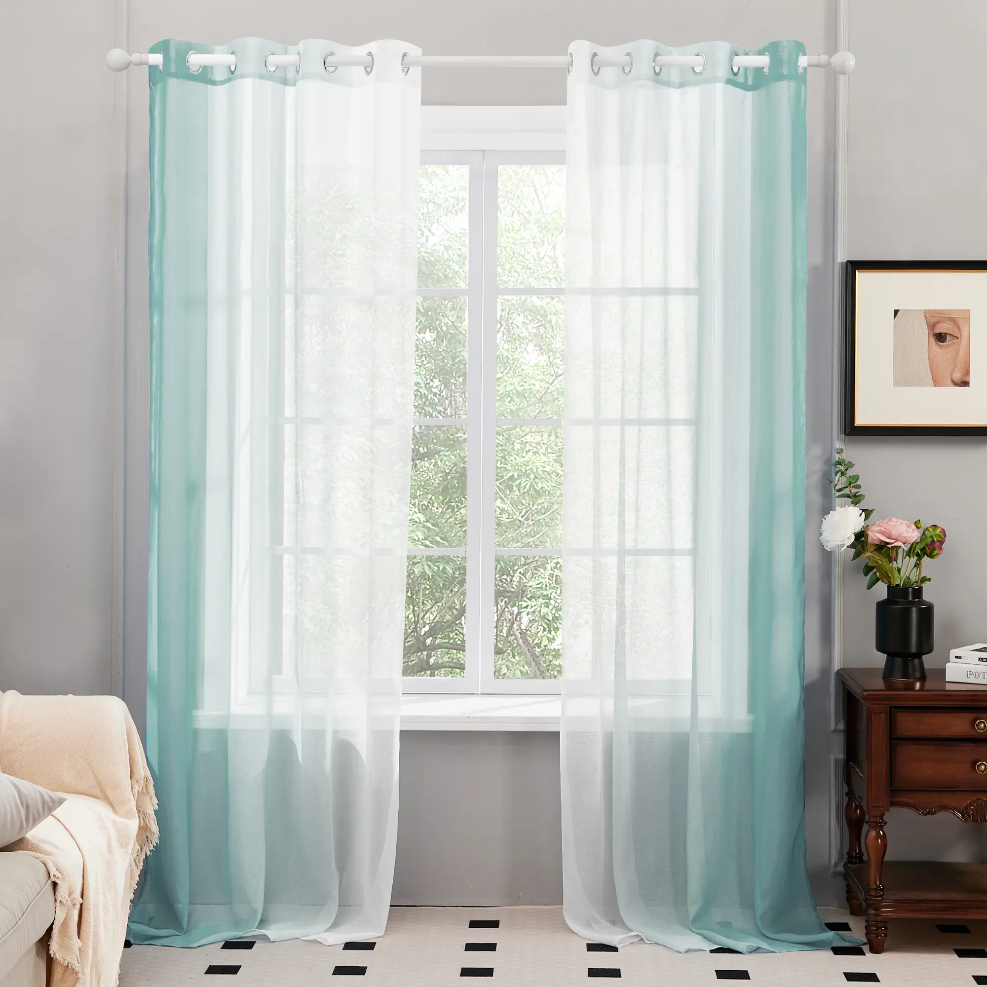 Deconovo Ombre Sheer Curtains - 2 Panels, Left-to-Right Gradient, Faux Linen Semi-Transparent Drapes with Attachment Device, Airy Gauze Black/Navy Blue Curtains for Living Room, Bedroom, Black Curtains Bedroom