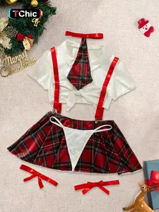 Christmas Sexy Plaid Print Lingerie Set, Includes Crop Top, Leg Straps, Thong, Tie & Skirt with Adjustable Straps, Perfect for Cosplay Costumes