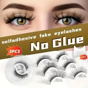 Self-Adhesive False Eyelashes Set of 3 Pairs, Pre-Glued Reusable Lashes, Cat Eye, Natural, Cross, Fluffy, Extra Thick, B/c Curl, 6-15mm, Cosmetic
