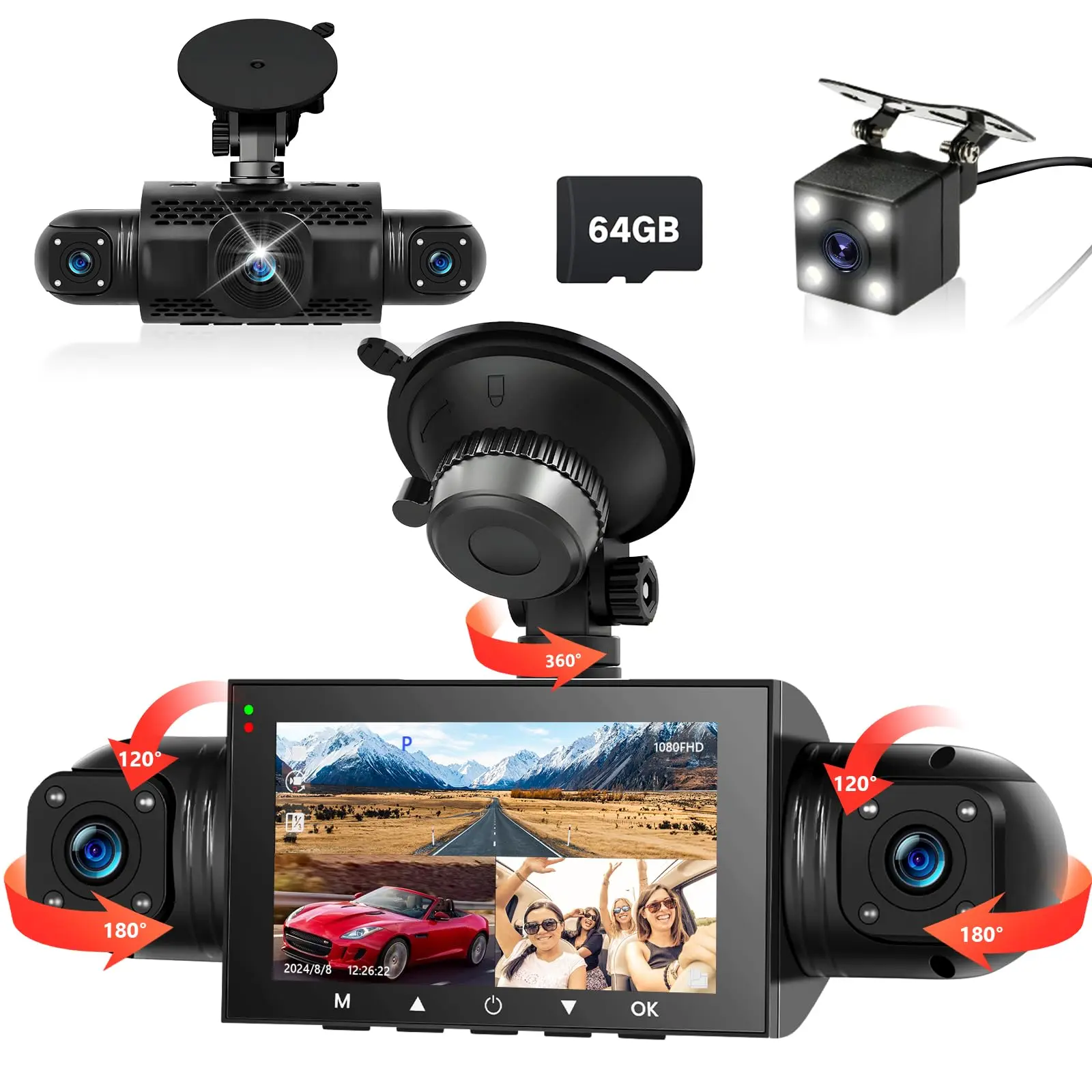 4-Channel 360° Dash Cam with Front, Rear, Left and Right Cameras, 3" IPS Screen, 4*1080P HD Video, 8 IR Night Vision, Loop Recording, G-Sensor, 24-Hour Recording, 64G TF Card, Universal Mount, SUV Car Dashboard Accessory, Fathers Day Gift