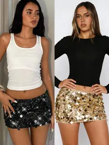Women's Sexy Low-Waist Mini Short Skirt Set, Bodycon, Sparkling Sequins, Fitted Drop Waist, Perfect for Parties, Dates, Festivals, Casual