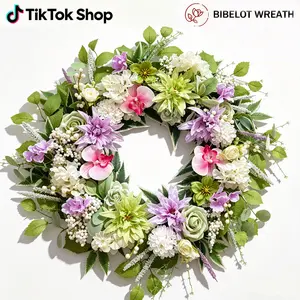 Bibelot 24-Inch Synthetic Silk Decorative Artificial Flower Wreath with Dahlia, Hydrangea, Orchid Plants for Front Door, Home Wall Centerpiece,summervibes outdoorfun