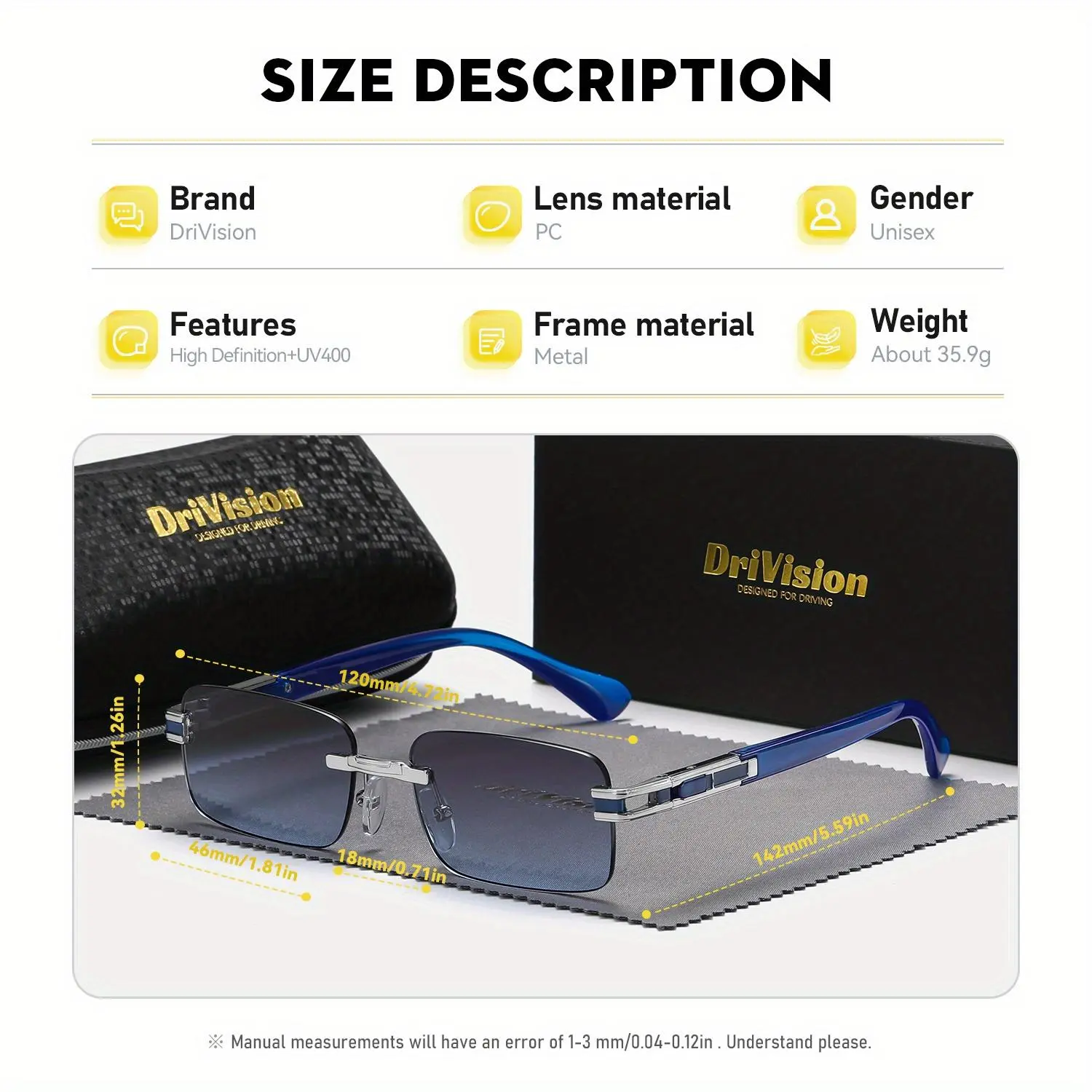 Drivision Unisex Fashion High-End Craftsmanship Retro Square Frame Outdoor Party Sunglasses UV400