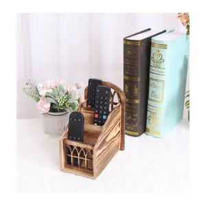 Vintage wooden remote control and phone storage box with 3 compartments - living room, office supplies, glasses and pens