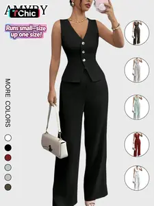Elegant Women's V Neck Sleeveless Bodycon Vest & High Waist Pants Set, Spring Summer Fashion Two-Piece, Slim Fit Casual Wear