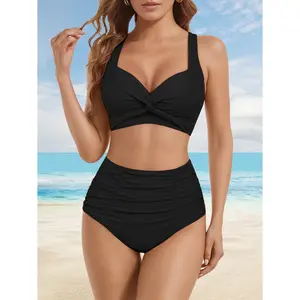 Women's high-waisted V-neck bust twisted pleated swimsuit