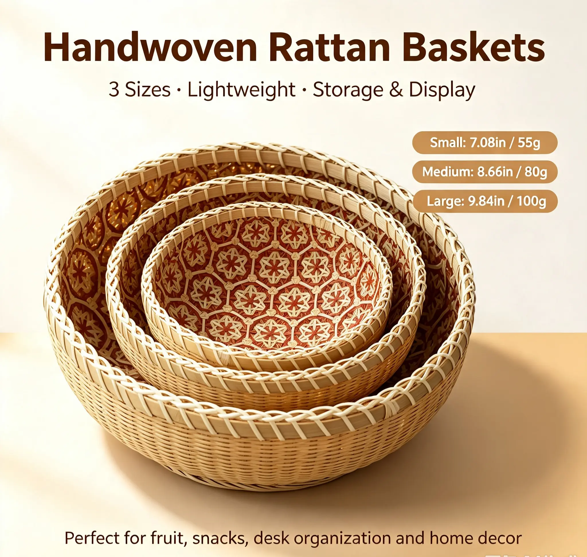 Handwoven bamboo nesting basket set, round wicker fruit bowl, boho decor tabletop storage organizer for fruit and snacks, kitchen home décor