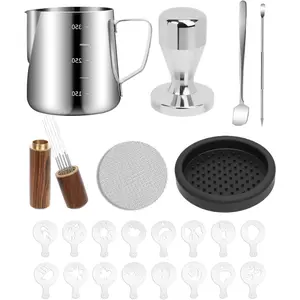Milk Frothing Pitcher 350ml/12oz Steaming Pitchers Stainless Steel Milk Cappuccino Coffee with Decorating Art Pen, Powder Shaker, 16 Pieces Coffee Decorating Stencils