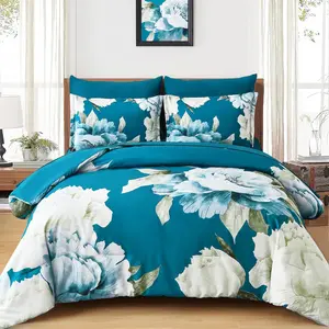 Teal Comforter Set Queen 7 Piece Bed in a Bag, Teal Blue Floral Printed Comforter Set with Sheets, Soft Microfiber Botanical Complete Bedding Set for All Season