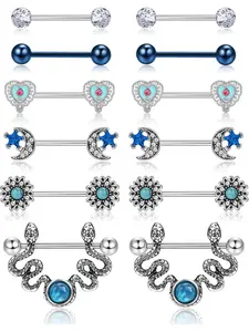 6 Pairs 14G Nipple Rings Set for Women Surgical Steel CZ Heart Butterfly Flower Snake Barbell Trend Cute Body Piercing Jewelry Fashion Body Jewelry