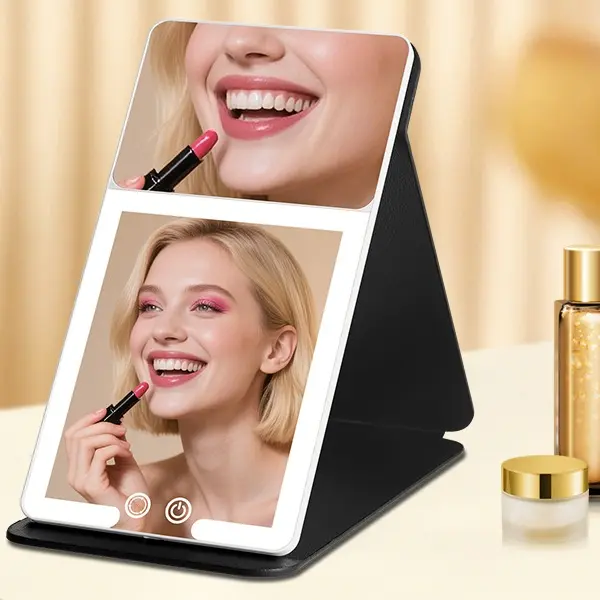 Rechargeable LED Vanity Mirror - Led-Accented Adjustable Backlight Freestanding Handheld Mirror for Beauty Products, 3 Light Modes, Touch Control, PU Leather Case, Flat-Folding, Portable Compact for Travel, Led-Accented Handheld Mirrors