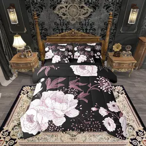 Feelyou 7-Pcs Decorative Microfiber Botanical Floral Bedding Set, Pink Flower & Leaf Design, Includes Comforter, Sheet Set and Pillowcases, Decorative Bedding Set, Microfiber Bedding Set