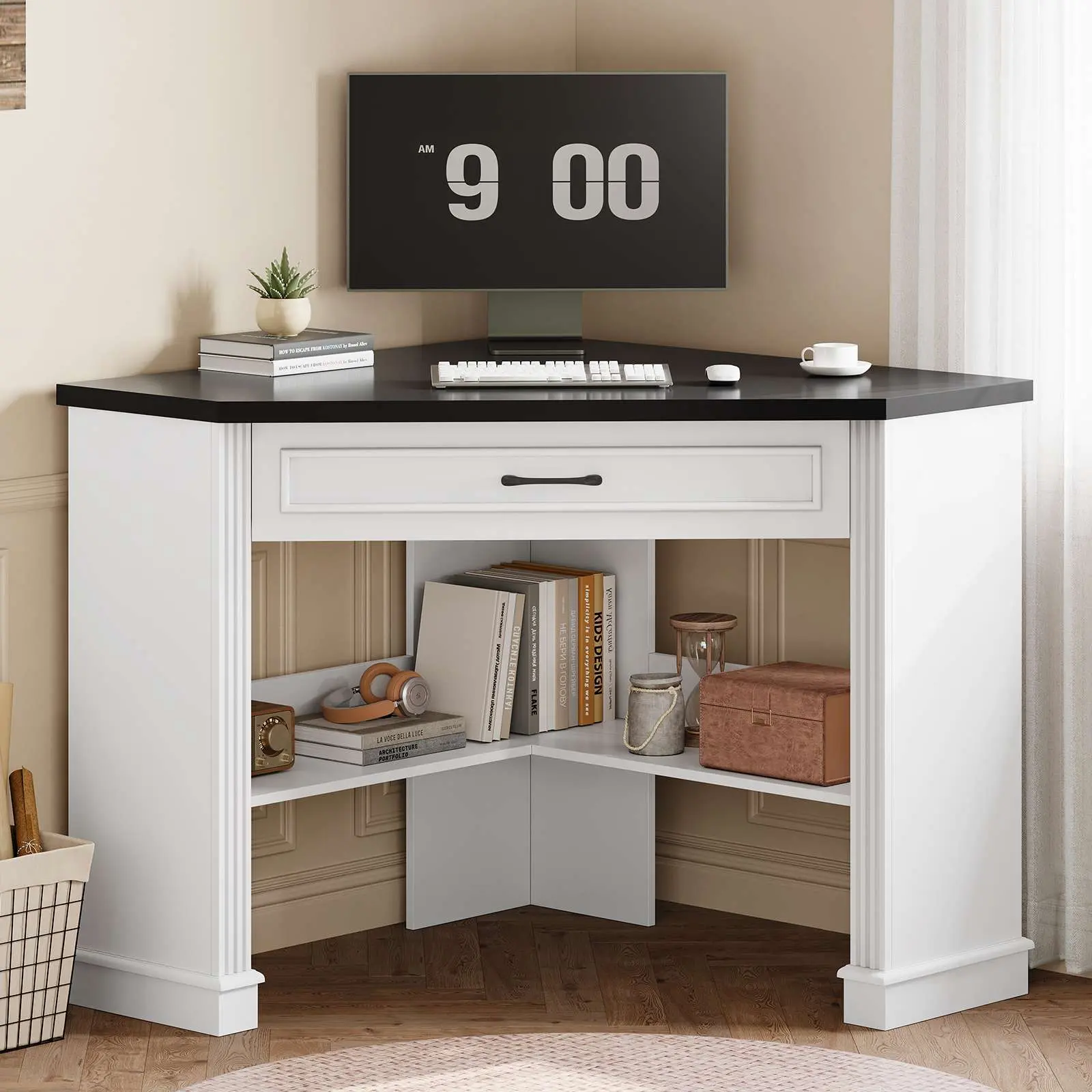 Sedeta 44.5-in Wide 31.5-in Deep Triangle Modern Farmhouse High-Quality Wood Corner Office Desk - Space-Saving Computer Writing Table with Storage Drawers, Shelves, Durable Home Office Furniture, Assembly Required, Study Work Table