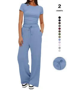 Women's Spring Summer Casual Set, Round Neck Short Sleeve Top & Wide Leg Pants, Slim Fit Home Wear, 2 Piece, Ruched Design, Drawstring