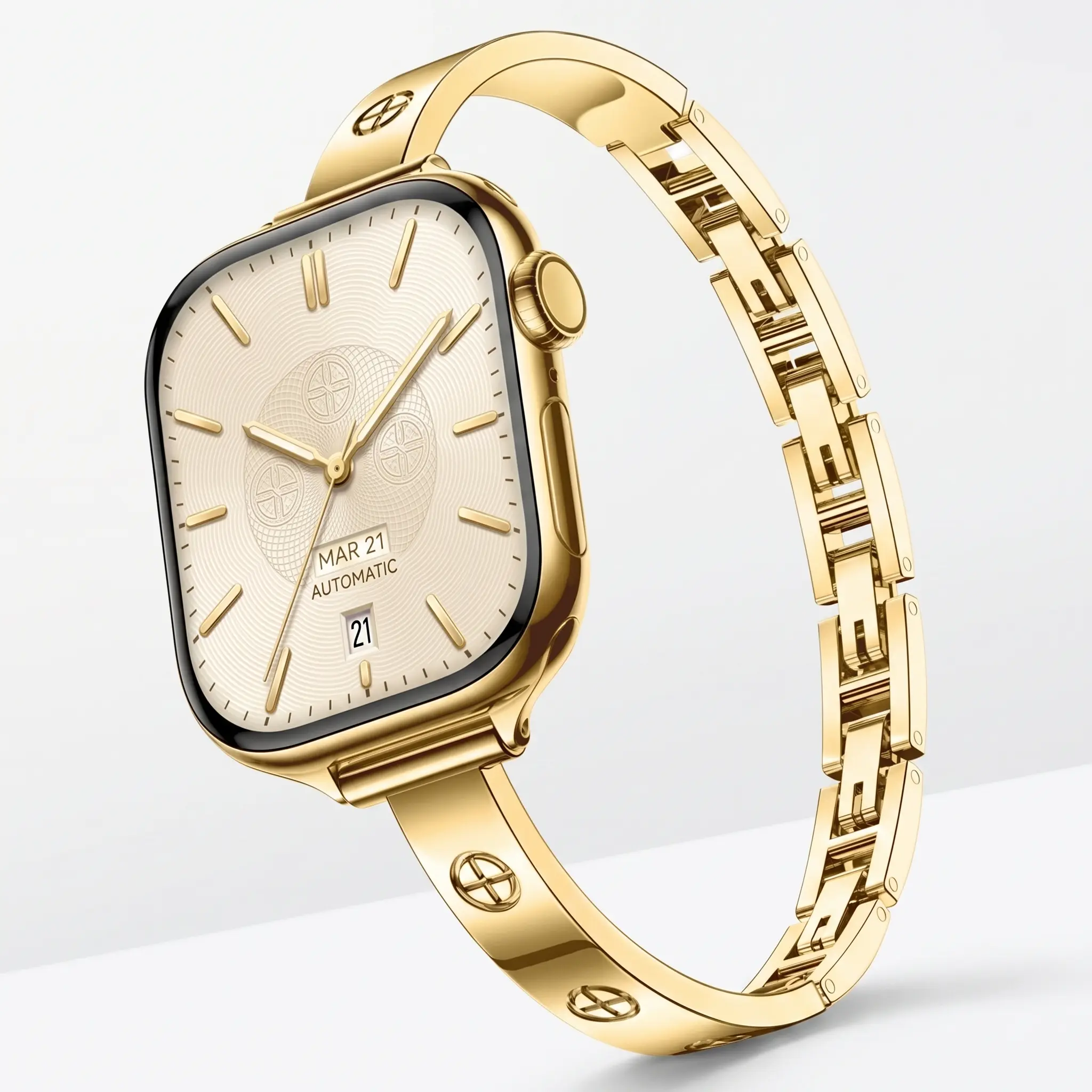 Women's Thin Gold Stainless Steel Cross-Carved Watch Strap Bangle, Trendy Dressy Band for Apple Watch