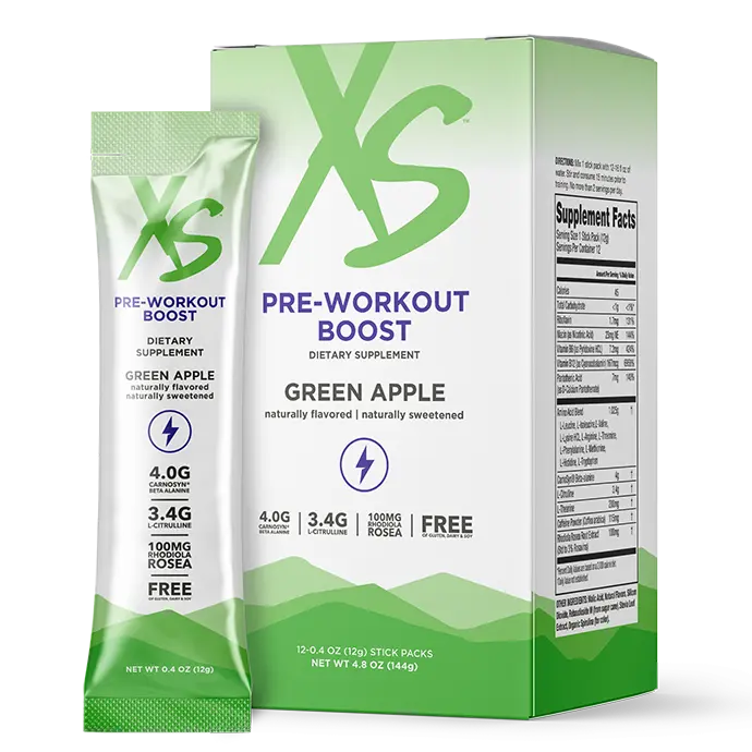 Amway XS Pre Workout Boost Green Apple | 12 Stick Packs Pre Workout Drink Mix Dietary Supplement Daily Wellness Essential Nutrients Cellular Nutrition Daily Nutrition Nutritional Wellness Energy Nutrition