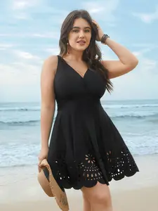BLOOMCHIC Plus Size Laser Cut Surplice Neck Waist-Cinch Swim Dress, Plus Size Swimsuits with Bodycon Cut, Built-In Bottom, Resort Look, Tummy Control, M-6X 2026 Summer Mother's Day Pick, Plus Sized Bathing Suits 2026 Summer Vibes Swimweek summerwins