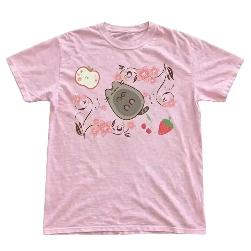 Vintage Pusheen Pink Cat T-Shirt, Cute Cherry Blossom Fruit Graphic Shirt, Japanese Style Pastel Aesthetic Gift Shirts, Cotton Womenswear Top