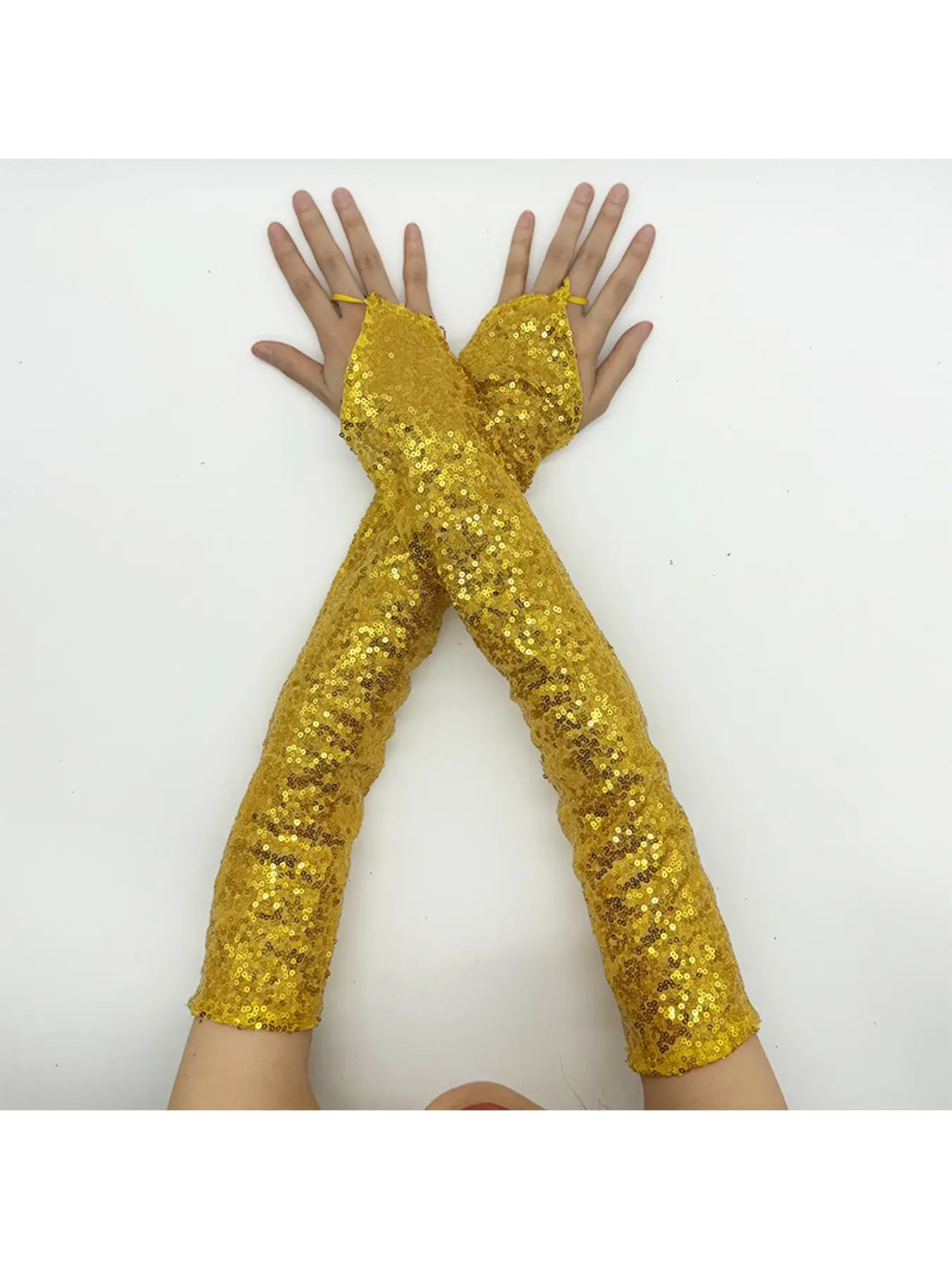 Stage performance sequin reflective gloves long cosplay costume performance gloves finger hook nightclub rave party gloves