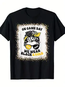 On Gameday Football We Wear Golden And Black Football Game Day T-Shirt-100%cotton-220g [Cool Design] Street Trending Style Women's Tee Comfortable Cotton Round Neck Shorts Same Gender Design and Sleeves Men's T Shirts