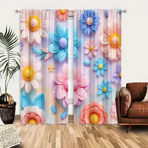 1Set/ 2pcs Curtains, Beautifully arranged pastel flowers create a whimsical, vibrant backdrop, perfect for celebrating spring or special occasions.Window Drapes for Bedroom Living Room Decoration, Rod Pocket Window