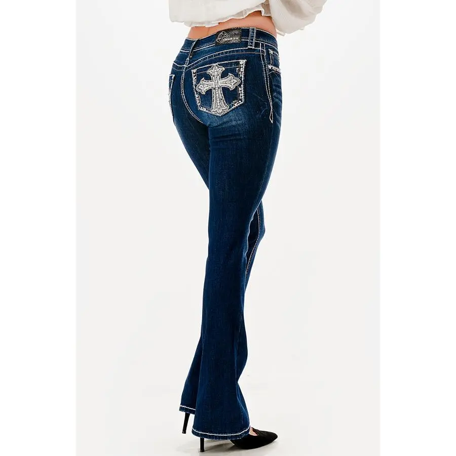 Cross Rhinestone Bootcut Jeans Women Mid Rise Medium Wash Sparkle Western Cowgirl Denim