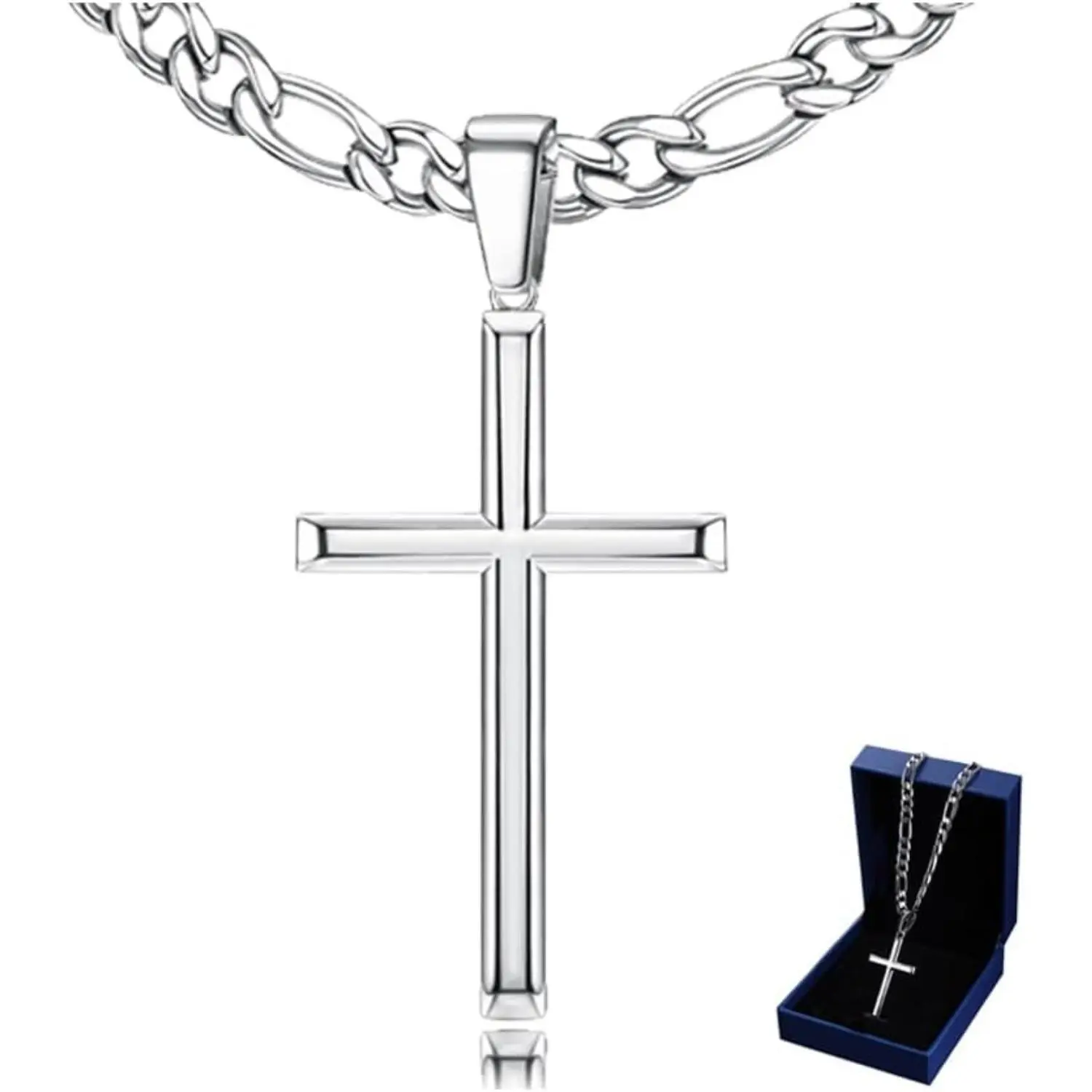 ZELORES Casual Geometric Stainless Steel Cross Pendant Jewelry, Daily Beveled Edge Necklace for Men & Women with Figaro & Square Rollo Chain, 16-28 In, Choking Hazard Is A Small Ball