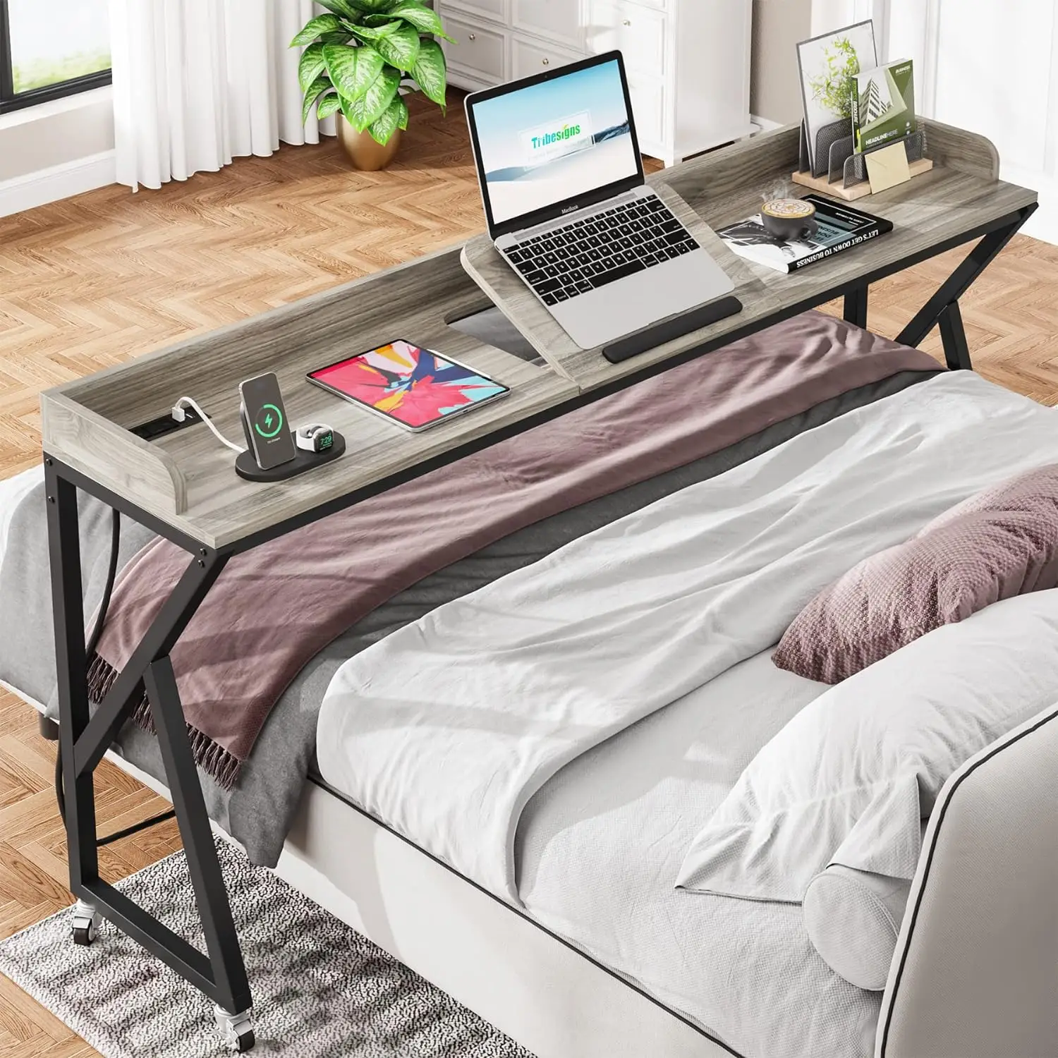 Tribesigns Overbed Adjustable Table with 2 AC Outlets & USB Ports