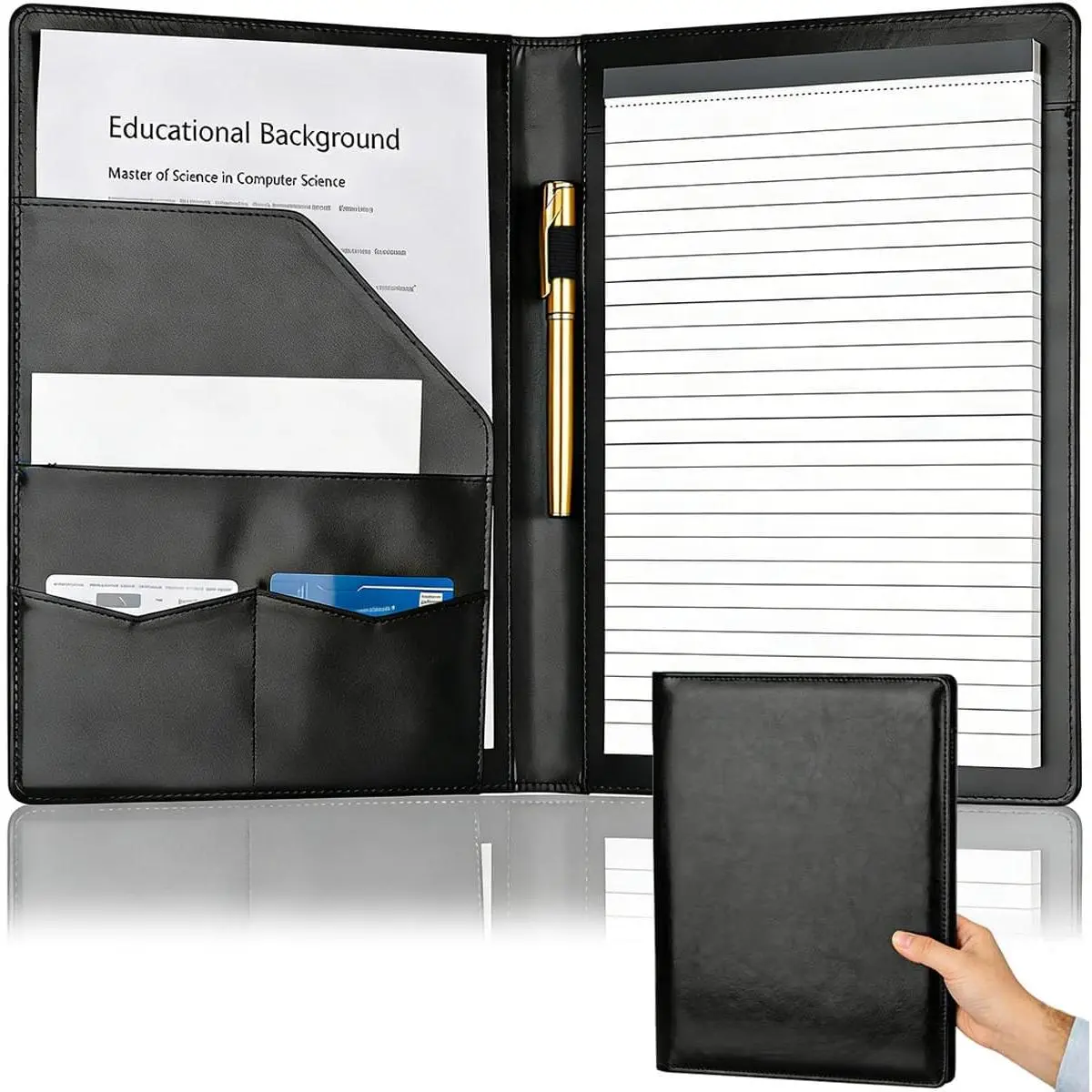 Padfolio Portfolio Binder, Faux Leather Folder, Resume Interview Legal Document Organizer, Letter Sized Writing Pad w/Business Card Holder, A4 Professional Folio for Office Conference (Black)