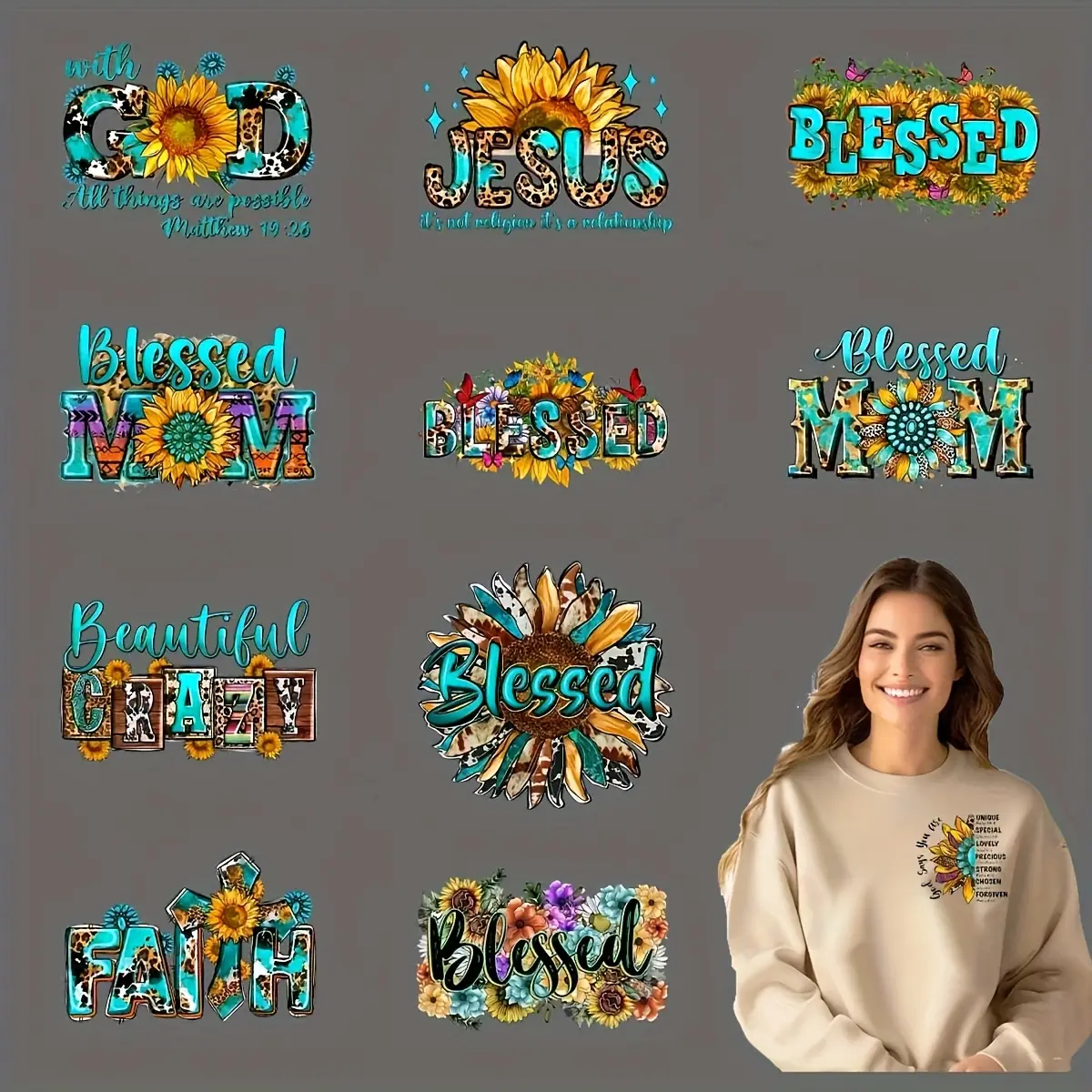 12pcs/set Blessed DIY Craft Vinyl Heat Transfer Stickers - Craft Supplies - Vibrant Sunflower & Floral Designs for T-Shirts, Masks, Jeans, Backpacks - Washable, Durable, No-Iron Adhesive, Tshirt Decor | Floral Patterns | Washable Stickers