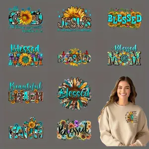 12pcs/set Blessed DIY Vinyl Heat Transfer Stickers - Vibrant Sunflower & Floral Designs for T-Shirts, Masks, Jeans, Backpacks - Washable, Durable, No-Iron Adhesive, Tshirt Decor | Floral Patterns | Washable Stickers