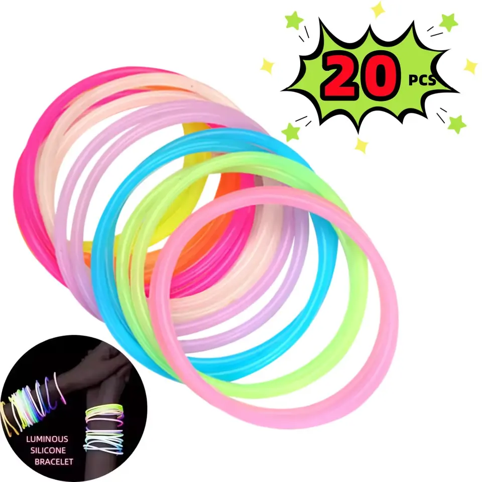 20 Pcs Glow-In-The-Dark Bohemian Silicone Bracelets, Fluorescent Elastic Wristbands, Festival Party Night Run Accessories, Random Colors, Stackable Bracelets