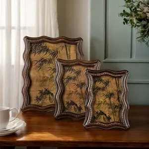 Vintage Walnut Color Resin Photo Frame, Rectangular Frame, Curved Art Design, Horizontal Vertical Display, Hallway Bedroom Office Decor, 1 Piece