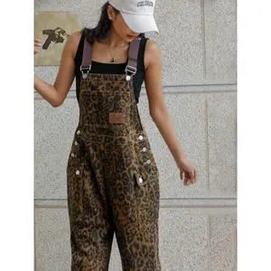 Women's Retro Leopard Print Denim Overalls with Multiple Pockets - Adjustable Straps, Wide-Leg Design, All-Season Casual Wear, Blend Fabric