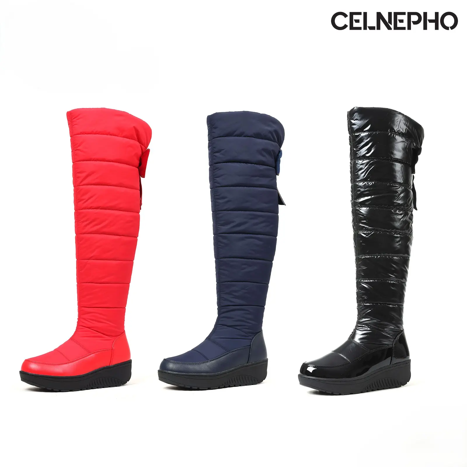 CELNEPHO Womens Winter Over the Knee Boots Round Toe Wedge Heel Thick Sole Warm Velvet Lined Side Zipper Closure Bow Knot Design Snow Boots for Casual Outdoor Puffer Boots