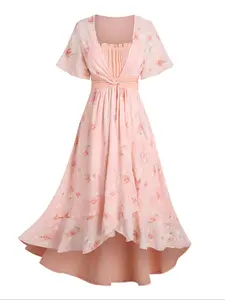 【Plus Size】 Floral Print Frill Trim Dress, Boho Casual Fashion Boho Ruffle Hem Cute Short Sleeve Dress for Beach Holiday Vacation, Women's Clothes for All Seasons, Womenswear, Summer Clothes Women, Lady