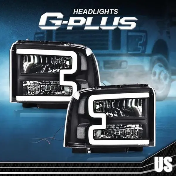 G-PLUS Full LED DRL Headlamps Pair Set, Bolt-On Car Exterior Upgrade Plug-N-Pay Replacement for 2005-2007 Ford F250 F350 F450 F550 Super Duty Truck, Clear/Black New Headlight Assembly, Led Light, Easy Install