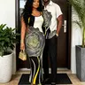 Vacation Couple Outfit Colorblock Line Rose Floral Print Short Sleeve Button Up Shirt & Spaghetti Strap Bodycon Midi Dress Matching Set