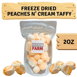 Freeze Dried Candy Peaches N' Cream Salt Water Taffy 2 oz - Cut To Bite Sized Pieces - Ships In Box - Deliciously Crunchy, Intense Flavor, Lightweight Snack