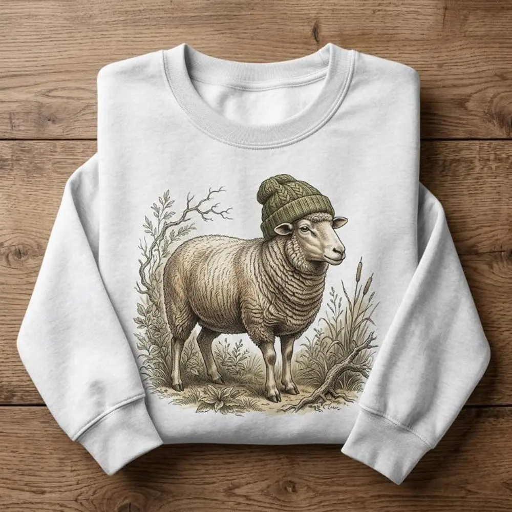 Cute Sheep Sweatshirt Vintage Sheep Shirt Unisex Cozy Beanie Sheep Hoodie Cottagecore Graphic Tee Retro Farm Animal Sheep Lover Gift#75
