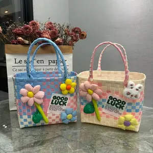 Women's Hand-Woven Look Plastic Basket Bag - Durable Beach Tote & Fruit Basket with Woven Design, Hand Washable / Handheld Bag for Vegetables, Fruits, Everyday Use - Multi-Purpose Gift Basket Tote for women